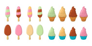 Dondurma karikatür simge kümesi. Yaz dondurma Logo ve dondurma dükkanı için etiket. Vektör çizim.
