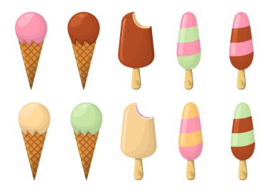 Dondurma karikatür simge kümesi. Yaz dondurma Logo ve dondurma dükkanı için etiket. Vektör çizim.