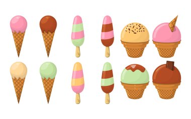 Dondurma karikatür simge kümesi. Yaz dondurma Logo ve dondurma dükkanı için etiket. Vektör çizim.
