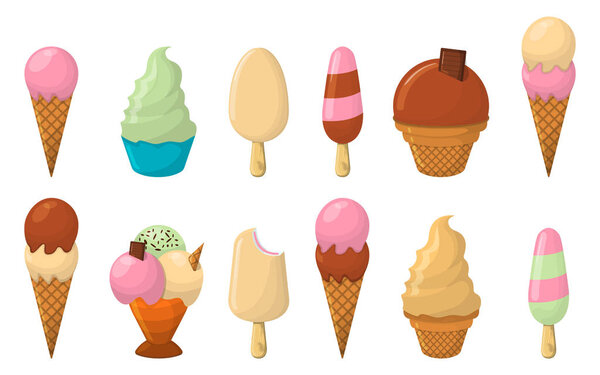 Set of Ice Cream Cartoon Icon. Summer Sundae Logo and Label for Ice Cream Shop. Vector Illustration.