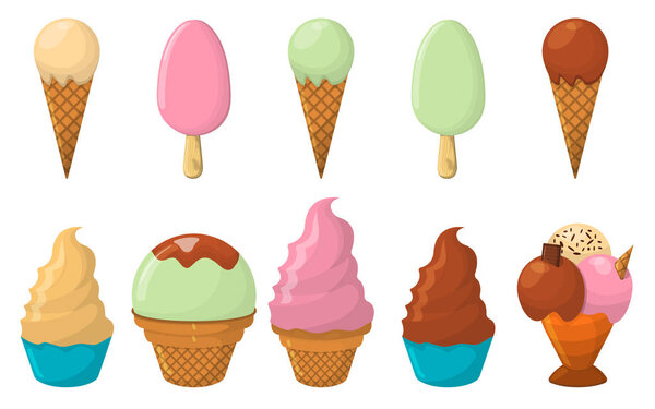 Set of Ice Cream Cartoon Icon. Summer Sundae Logo and Label for Ice Cream Shop. Vector Illustration.