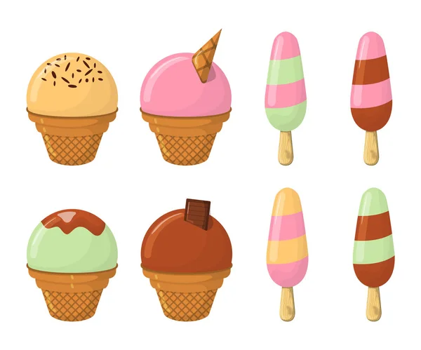 Conjunto Ice Cream Cartoon Icon Summer Sundae Logo Label Ice — Vetor de Stock