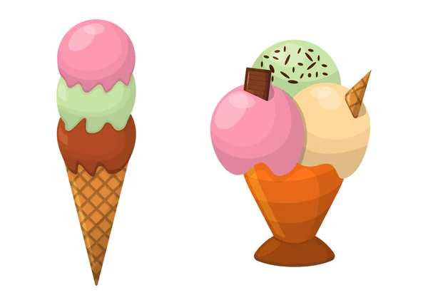 Conjunto Ice Cream Cartoon Icon Summer Sundae Logo Label Ice — Vetor de Stock