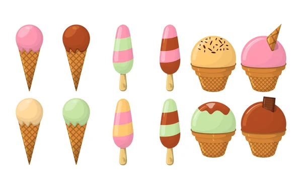 Conjunto Ice Cream Cartoon Icon Summer Sundae Logo Label Ice — Vetor de Stock