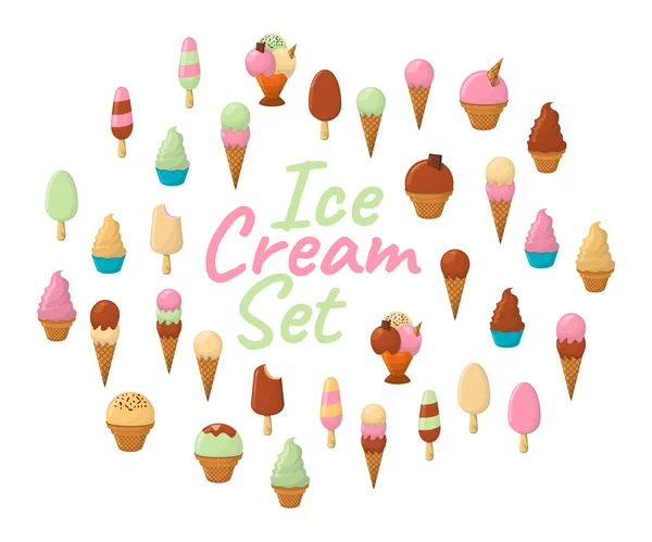 Conjunto Helado Icono Dibujos Animados Verano Sundae Logo Etiqueta Para — Vector de stock