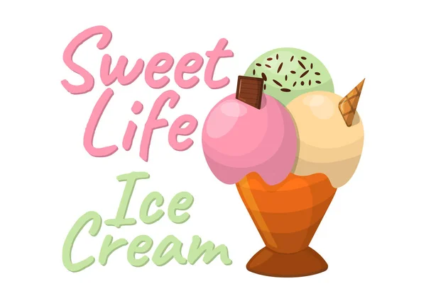 Sweet Life Ice Cream Cartoon Icon Inglés Verano Sundae Logo — Vector de stock