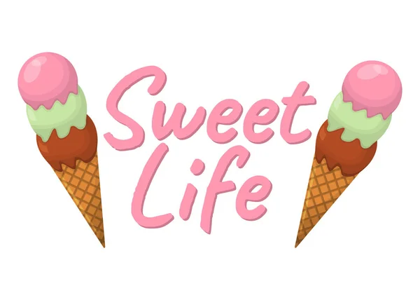 Sweet Life Ice Cream Cartoon Icon Inglés Verano Sundae Logo — Vector de stock