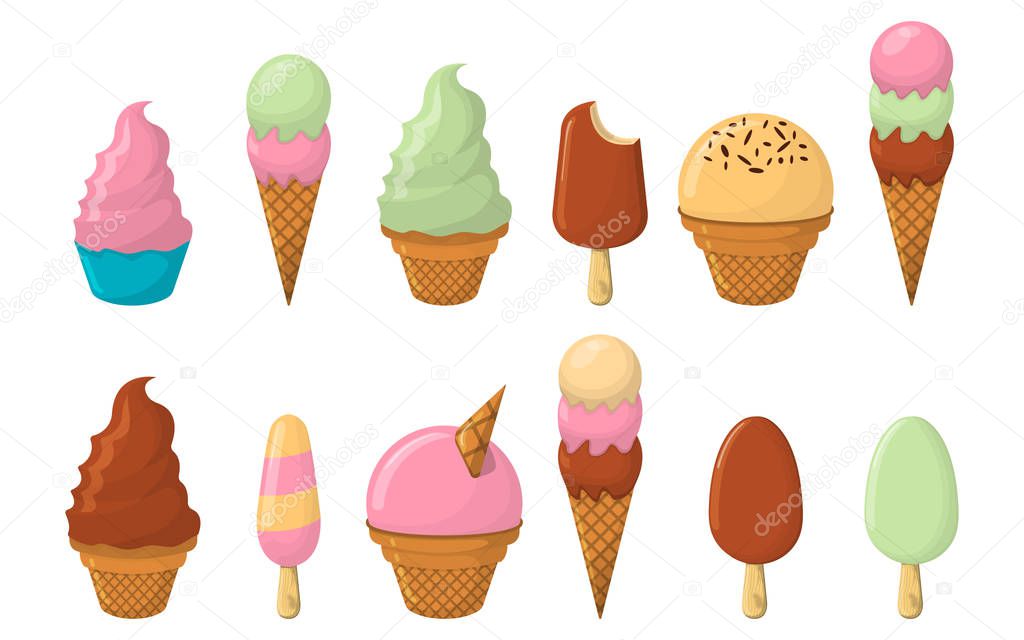Set of Ice Cream Cartoon Icon. Summer Sundae Logo and Label for Ice Cream Shop. Vector Illustration.
