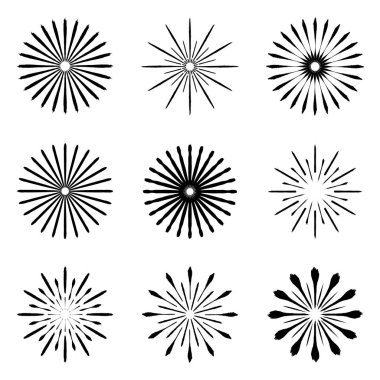 Retro Fırça Set şekiller güneş patlaması. Vintage logo, etiketleri, rozetleri. Vektör tasarım öğesi izole. En az siyah havai fişek patlama.