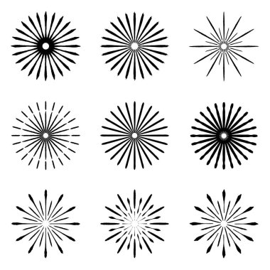 Retro Fırça Set şekiller güneş patlaması. Vintage logo, etiketleri, rozetleri. Vektör tasarım öğesi izole. En az siyah havai fişek patlama.