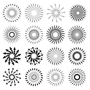 Retro Fırça Set şekiller güneş patlaması. Vintage logo, etiketleri, rozetleri. Vektör tasarım öğesi izole. En az siyah havai fişek patlama.