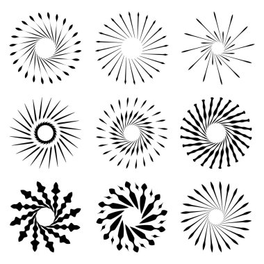 Retro Fırça Set şekiller güneş patlaması. Vintage logo, etiketleri, rozetleri. Vektör tasarım öğesi izole. En az siyah havai fişek patlama.