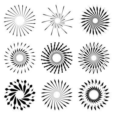 Retro Fırça Set şekiller güneş patlaması. Vintage logo, etiketleri, rozetleri. Vektör tasarım öğesi izole. En az siyah havai fişek patlama.