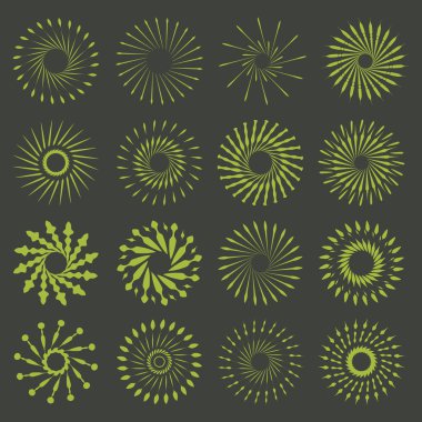 Retro Fırça Set şekiller güneş patlaması. Vintage logo, etiketleri, rozetleri. Vektör tasarım öğesi izole. Çok az altın havai fişek patlama.
