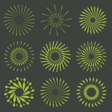 Retro Fırça Set şekiller güneş patlaması. Vintage logo, etiketleri, rozetleri. Vektör tasarım öğesi izole. Çok az altın havai fişek patlama.