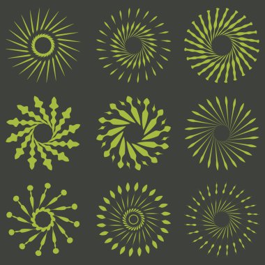 Retro Fırça Set şekiller güneş patlaması. Vintage logo, etiketleri, rozetleri. Vektör tasarım öğesi izole. Çok az altın havai fişek patlama.