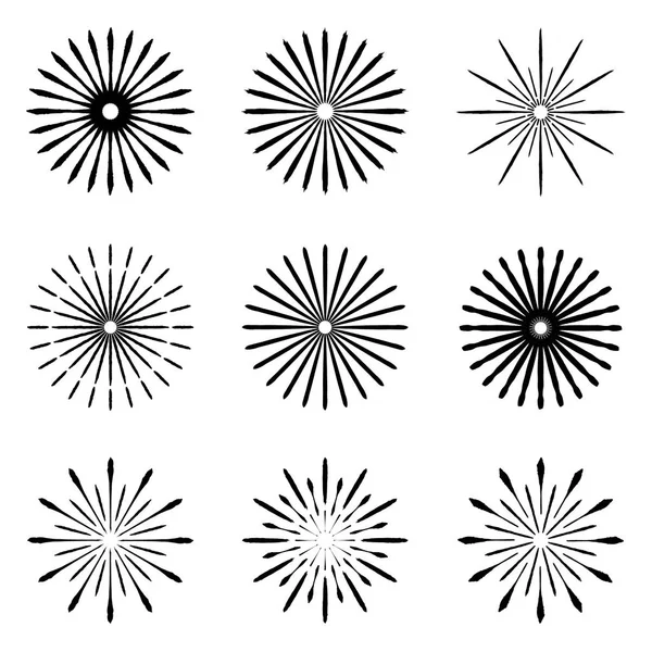 Retro Fırça Set şekiller güneş patlaması. Vintage logo, etiketleri, rozetleri. Vektör tasarım öğesi izole. En az siyah havai fişek patlama.