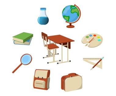 Okul kümesi sağlar simgesi ve Logo. İzole tasarım öğesi. Çizgi film illüstrasyon vektör.