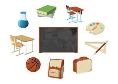 Okul kümesi sağlar simgesi ve Logo. İzole tasarım öğesi. Çizgi film illüstrasyon vektör.