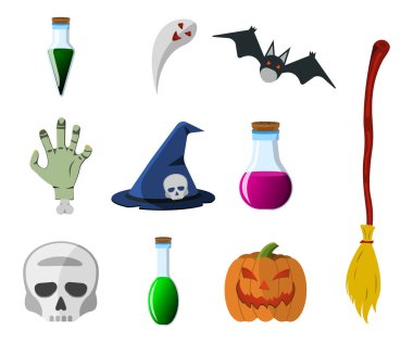 Çizgi Film Halloween Icon set. Kabak, ölü insan'ın el, kafatası, Flask, cadının şapka, süpürge, hayalet. Vektör çizim.