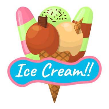 Yaz dondurma Logo ve dondurma dükkanı için etiket. Simge vektör çizim.