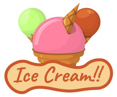 Dondurma kavramı ve logosu. Yaz Sandae etiket. Çizgi film vektör çizim.