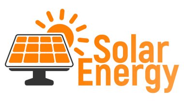 Güneş pili Logo ve kutsal kişilerin resmi. Beyaz arka plan üzerinde Web enerji etiketi. Düz vektör çizim.