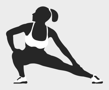 Kadın uygun poz Logo ve kutsal kişilerin resmi. Spor siluet etiketi Web arka plan üzerinde. Basit vektör çizim