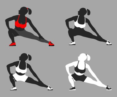 Kadın dizi poz Logo ve simge uygun. Spor siluet etiketi Web arka plan üzerinde. Çizgi film vektör çizim