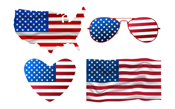 Amerikan simge kümesi. Güneş gözlüğü, bayrak, kalp, eşleyin. Mutlu 4 th Temmuz ve Bağımsızlık günü. Vektör çizim karikatür