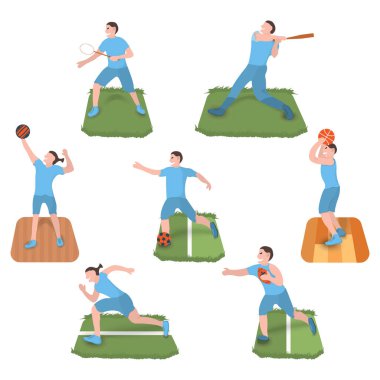 Oyuncu simgesi kümesi. Beyaz Arka Plan üzerinde spor etiketi. Karakter Karikatür tarzı. Vektör İllüstrasyonu