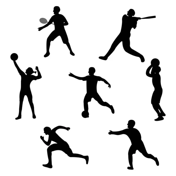 Conjunto de icono del jugador. Etiqueta Silhouette Sport negra sobre fondo blanco. Carácter Estilo simple. Ilustración vectorial — Vector de stock