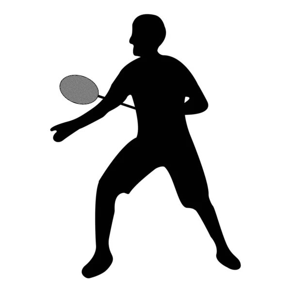 Το εικονίδιο του παίχτη του τένις. Μαύρη σιλουέτα αθλητική ετικέτα στο λευκό φόντο. Χαρακτήρας απλό στυλ. Απεικόνιση διανυσματικών φορέων — Διανυσματικό Αρχείο