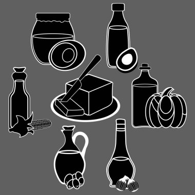 Yağ, yağ, tereyağı simgesi seti. Gıda etiketi, Web ve afiş için logo. Basit vektör Illustration