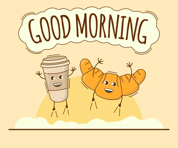 Günaydın Banner, Kruvasan Simgesi ile Kahve. Sevimli Karakter, Gıda Kavramı Etiketi. Karikatür Vektör İllüstrasyon — Stok Vektör
