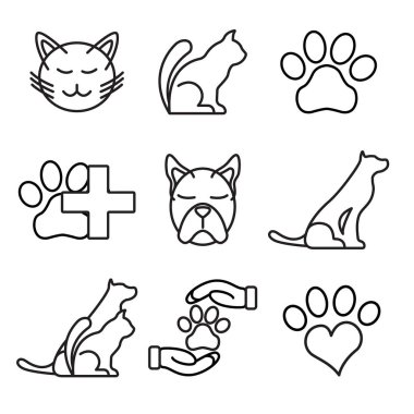 Hayvan Bakım Simgesi seti. Sağlık Tıbbı ve Evcil Hayvan Bakımı Kavramı. Anahat ve Siyah Evcil Hayvan. Evcil Hayvan Sembolü, Simge ve Rozet. Basit Vektör çizimi