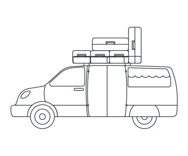 Seyahat Araba Simgesi. Açık ve Zamlı Gezi Konsepti. Anahat Stili. Seyahat Sembolü, Logo, Simge ve Rozet. Basit Vektör çizimi