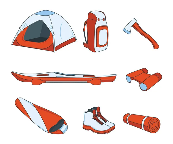 Set of Camping Icon. Concept for Outdoor and Hike Trip. Stuff for Survival. Cartoon Style. Travel Symbol, Logo, Icon and Badge. Simple Vector illustration — Stock Vector