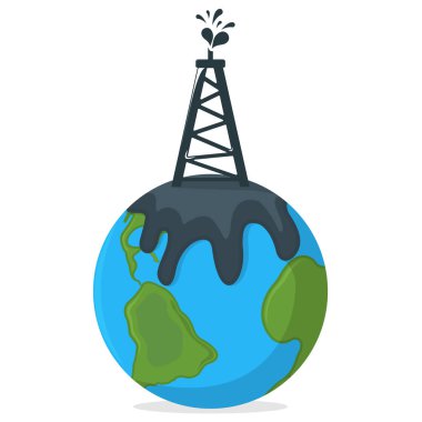 Petrol Kirliliği Konsepti Simge ve Etiket. Petrol 'den Dünya Kirliliği. Teknolojik Felaket Sembolü, Simge ve Rozet. Çizgi film Vektör illüstrasyonu