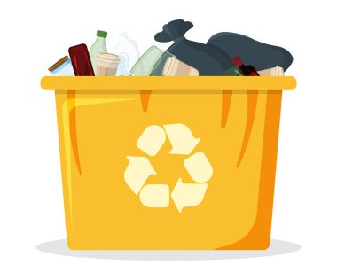 Çöp Torbası ve Tank Simgesi. Beyaz arka planda siyah çöp torbası. Çöp Kutusu Sembolü, Simge ve Rozet. Çizgi film Vektör illüstrasyonu