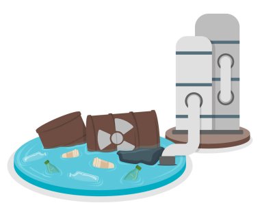 Kirlilik Konsepti Simge ve Etiket. Toprak ve Su Kirliliği Logosu. Teknolojik Felaket Sembolü, Simge ve Rozet. Çizgi film Vektör illüstrasyonu