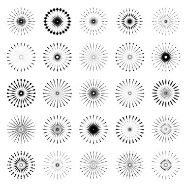 Retro Güneş Patlaması El Yapımı Fırça Şekilleri. 25 vintage logo, etiketler, rozetler. Vektör tasarım elemanı izole edildi. Minimum siyah havai fişek patlaması