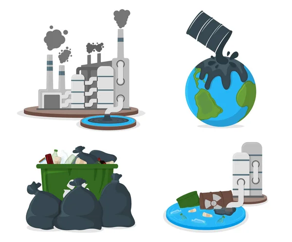 石油污染概念图标和标签。 石油和CO2对地球的污染。 工厂大灾难符号,图标和徽章. 卡通矢量图解 — 图库矢量图片