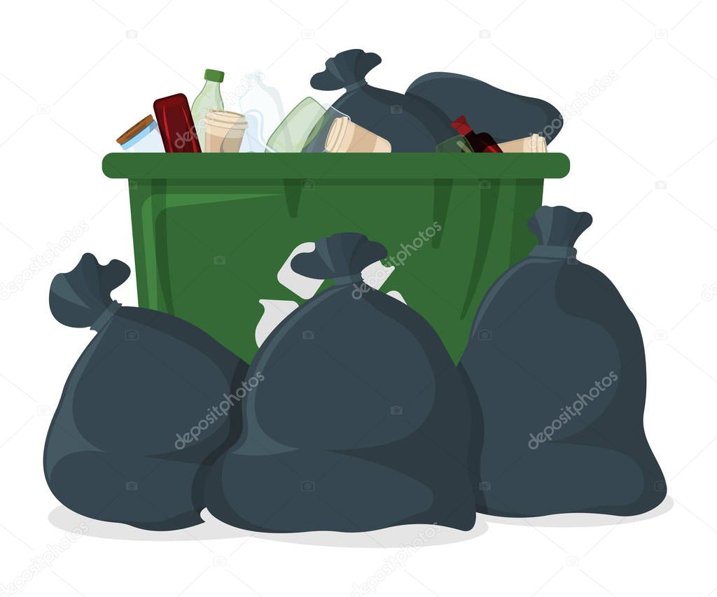 Trash Bag with Bin and Tank Icon. Black Garbage Bag on white Background. Trash Container Symbol, Icon and Badge. Cartoon Vector illustration
