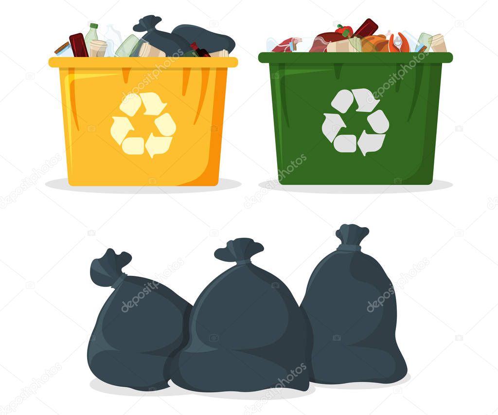 Trash Bag with Bin and Tank Icon. Black Garbage Bag on white Background. Trash Container Symbol, Icon and Badge. Cartoon Vector illustration