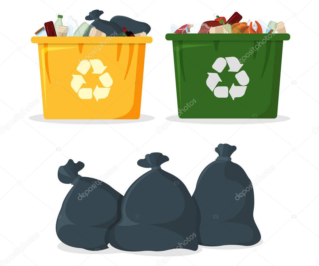 Trash Bag with Bin and Tank Icon. Black Garbage Bag on white Background. Trash Container Symbol, Icon and Badge. Cartoon Vector illustration.