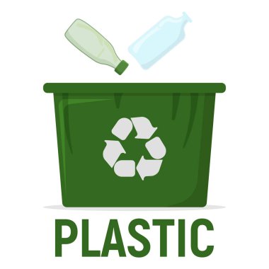 Atık Geri Dönüşüm Kutusu - Plastik. Atık, Çöp İmha ve Geri Dönüşüm Ağı, İnternet ve Akıllı Telefon Sancağı. Basit ve Çizgi film Vektör İllüstrasyonu