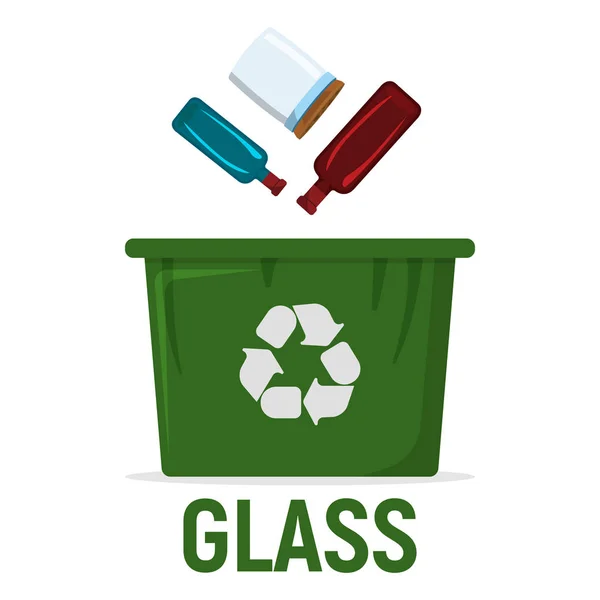 Atık Geri Dönüşüm Konteynırı - Cam. Atık, Çöp İmha ve Geri Dönüşüm Ağı, İnternet ve Akıllı Telefon Sancağı. Basit ve Çizgi film Vektör İllüstrasyonu