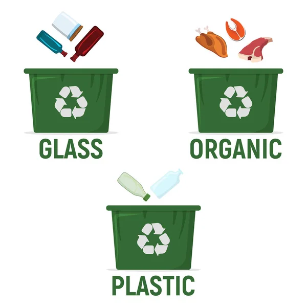 Δοχείο για την ανακύκλωση αποβλήτων διαλογής - Πλαστικά, οργανικά, πλαστικά. Απόβλητα, Διάθεση Απορριμμάτων και Ανακύκλωση Web, Banner για Web και Smartphone. Απλή και κινούμενη απεικόνιση διάνυσμα — Διανυσματικό Αρχείο