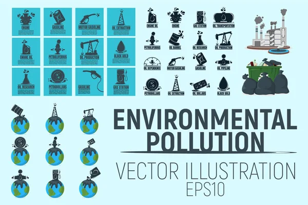 Környezetszennyezés koncepció ikon és címke. Föld és víz szennyezés logó. Technogenikus katasztrófa szimbólum, ikon és jelvény. Rajzfilm vektor illusztráció — Stock Vector